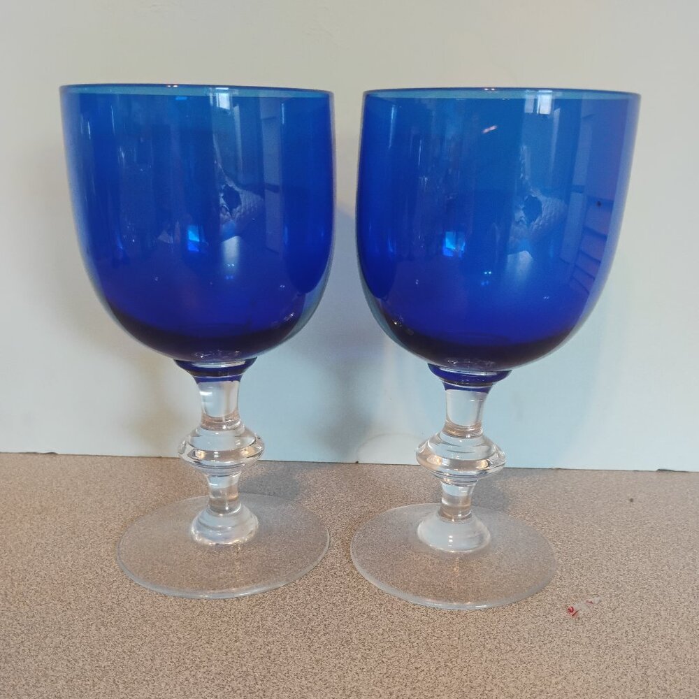 Vintage Cobalt Blue Clear Stem Goblet/Wine Glass/Set of 4